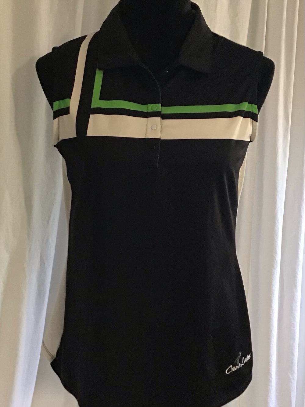 Sleeveless Black Polo Tank with Green and Cream Stripe Detail